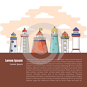 Vector cartoon line modern flat lighthouses background