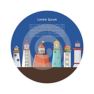 Vector cartoon line modern flat lighthouses background