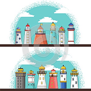Vector cartoon line modern flat lighthouses background