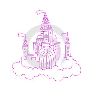 Vector cartoon lined illustration of pink princess magic castle in clouds. pink princess magic castle in blue clouds photo