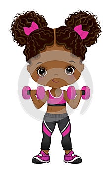 Vector Cartoon Little Black Girl Doing Workout