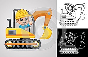 Vector cartoon of little boy on construction vehicle