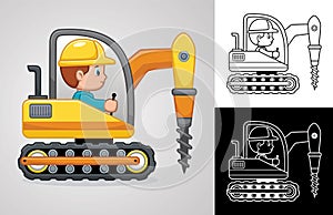 Vector cartoon of little boy on drilling machine vehicle