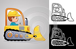 Vector cartoon of little boy driving bulldozer