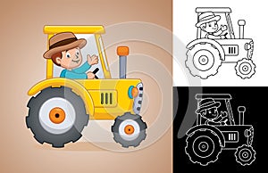 Vector cartoon of little boy farmer on tractor