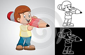 Vector cartoon of little boy holding big pencil