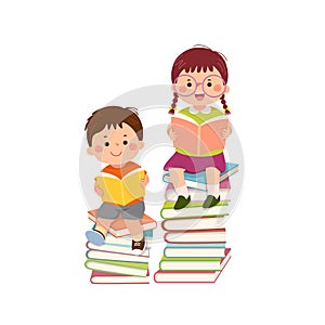 Vector cartoon little boy and little girl wearing glasses sitting on piles of books and reading