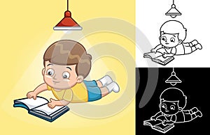 Vector cartoon of little boy lying down floor while reading book under the light