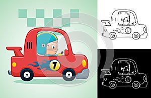 Vector cartoon of little boy on racing car