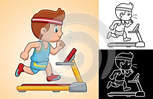 Vector cartoon of little boy running on treadmill