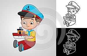 Vector cartoon of little boy wearing sailor accessories while holding toy boat