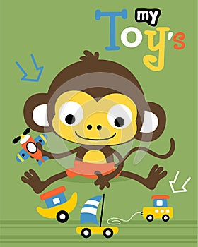 Vector cartoon of little monkey with it toys