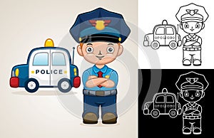 Vector cartoon of little policeman with police car