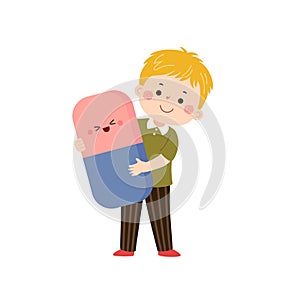 Vector cartoon little student boy with big eraser. Back to school concept