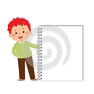 Vector cartoon little student boy with big notebook. Back to school concept