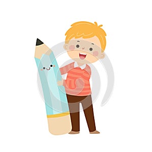 Vector cartoon little student boy with big pencil. Back to school concept