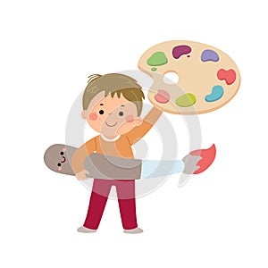 Vector cartoon little student boy with paint brush and paint palette. Back to school concept