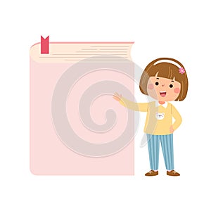 Vector cartoon little student girl with big book. Back to school concept