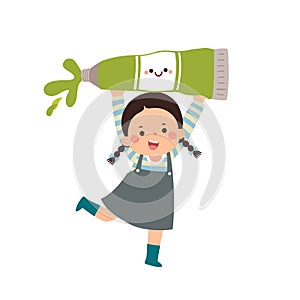 Vector cartoon little student girl carrying big paint tube. Back to school concept