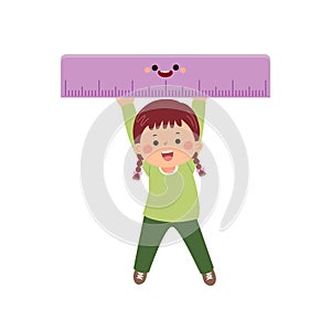 Vector cartoon little student girl carrying big ruler. Back to school concept