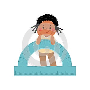 Vector cartoon little student girl with half circle protractor. Back to school concept
