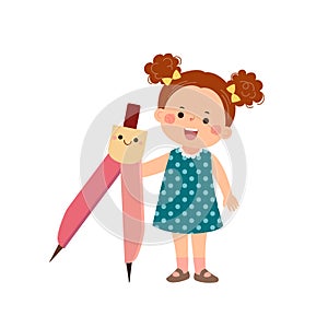 Vector cartoon little student girl holding big compass divider. Back to school concept