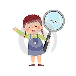 Vector cartoon little student girl holding big magnifying glass. Back to school concept