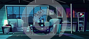 Vector cartoon living room at night, interior