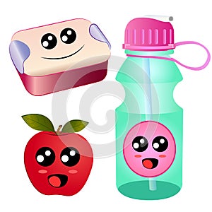 Vector Cartoon lunch tiffin box, apple, water bottle