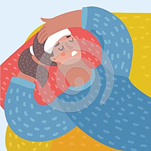 Vector cartoon lustration of young woman lying with headache