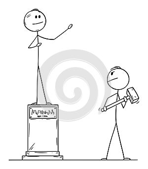 Vector Cartoon of Man with Big Hammer or Sledgehammer Who is Going to Destroy Statue of Politician. photo