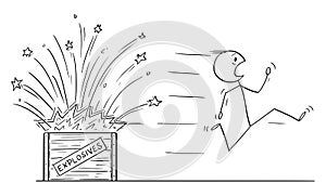 Vector Cartoon of Man, Bomb Disposal Expert or Pyrotechnist Running Away from Exploding Box with Explosives