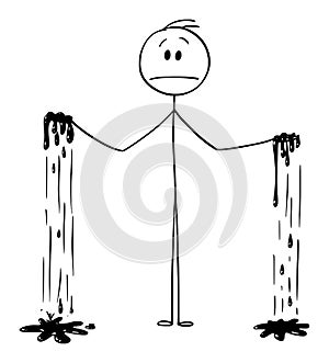 Vector Cartoon of Man with Both Hands Dirty or Grimy or Blood on Hands