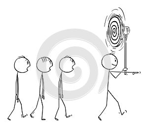 Vector Cartoon of Man or Business Leader Leading Group or Team of Hypnotized People or Workers photo