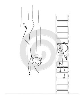 Vector Cartoon of Man or Businessman Climbing Up the Ladder while Business Competitor is Falling Down photo