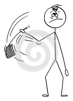 Vector Cartoon of Man or Businessman Going to Swat the Fly on His Forehead with Swatter or Flapper or Fly-flap