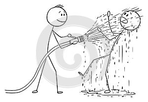 Vector Cartoon of Man or Businessman Holding Fire Hose and Shooting Water on Another Man