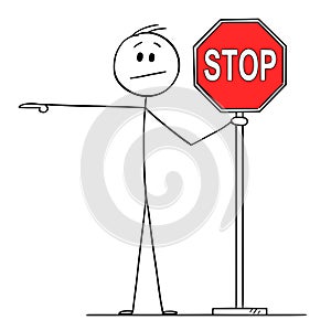 Vector Cartoon of Man or Businessman Holding Red Stop Sign and Pointing