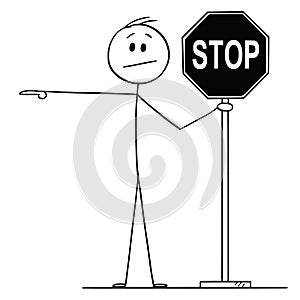 Vector Cartoon of Man or Businessman Holding Stop Sign and Pointing