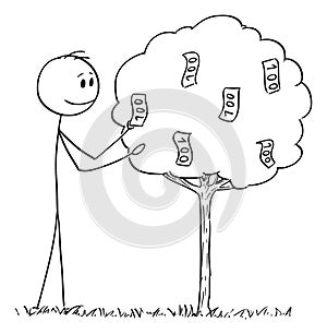 Vector Cartoon of Man or Businessman Picking Bills or Banknotes or Money Growing on Tree as Fruit