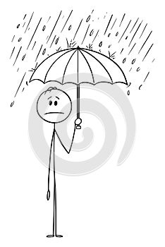 Vector Cartoon of Man or Businessman Standing in Rain or Storm and Holding Umbrella