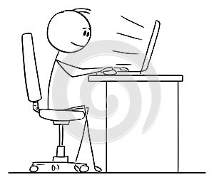 Vector Cartoon of Man or Businessman Working or Typing on Computer