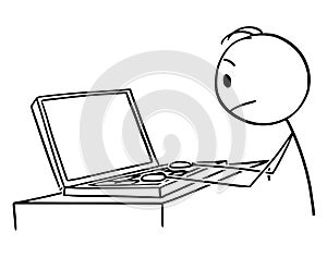 Vector Cartoon of Man or Businessman Working or Typing on Portable Computer or Laptop