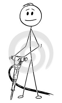 Vector Cartoon of Man or Construction or Road Worker Holding Jackhammer or Pneumatic Drill or Air Hammer
