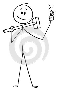 Vector Cartoon of Man or Construction Worker with Big Hammer Showing Thumb Up Gesture with Injured Finger