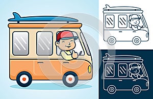 Vector cartoon of a man driving van loading surfboard