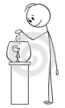 Vector Cartoon of Man Feeding Small Man as Pet or Animal in Fishbowl or Terrarium or Vivarium