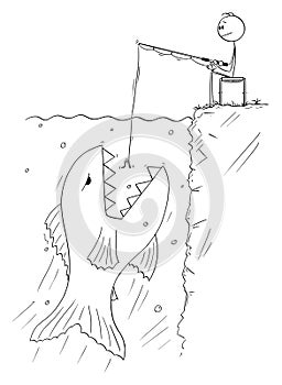 Vector Cartoon of Man or Fisherman Sitting and Angling or Fishing while Giant Fish is Floating to Eat the Bait