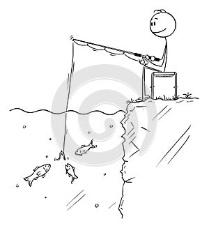 Vector Cartoon of Man or Fisherman Sitting and Angling or Fishing while Several Small Fish Are Looking at the Bait