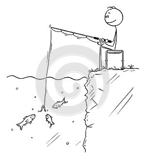 Vector Cartoon of Man or Fisherman Sitting and Angling or Fishing while Several Small Fish Are Looking at the Bait photo